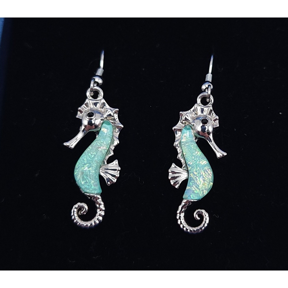 Praymos Seahorse Dangle Earrings Aqua Enamel Silver Tone Nautical Drop Pair - Picture 4 of 5